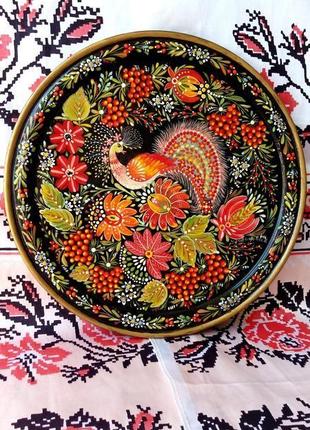 Декоративная деревянная тарелка "ранок", ручная роспись. петриковская роспись.