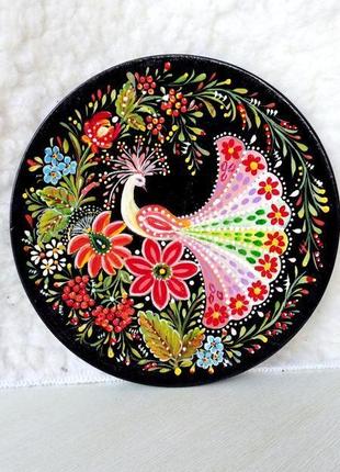Декоративна дерев'яна тарілка " казкова птаха", авторський ручний розпис. петриківській розпис5 фото