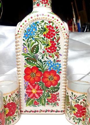 Скляний набір для напою, ручний роспис. петриківський роспис.