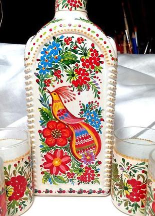 Скляний набір для напою, ручний роспис. петриківський роспис.