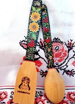 Кухонный деревянный набор лопатка, ложка, ручной роспись. петриковский роспись.4 фото