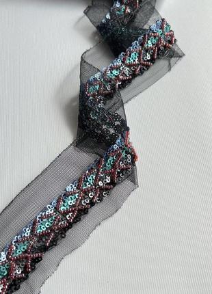 600/167 лента вышитая на фатине бисером зеленая 25мм/10м фатин