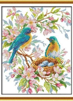 Набір для вишивання за нанесеною на канву схемою "singing blue bird".aida 14ct printed, 28*34 см