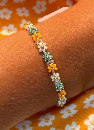 Цветочный браслет оранжевый ромашки цветы из бисера яркий чокер колье украшение белый синий