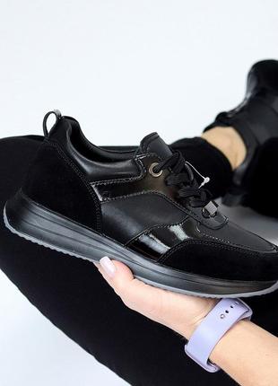 Стильные комбинированные черные кроссовки натуральная кожа глянец + замша4 фото