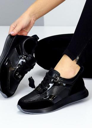 Стильные комбинированные черные кроссовки натуральная кожа глянец + замша8 фото