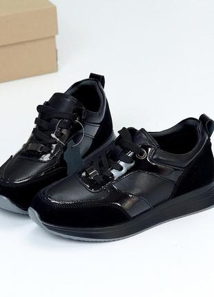 Стильные комбинированные черные кроссовки натуральная кожа глянец + замша5 фото