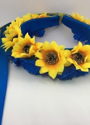 Український віночок з польовими квітами та стрічками жовто-блакитний9 фото