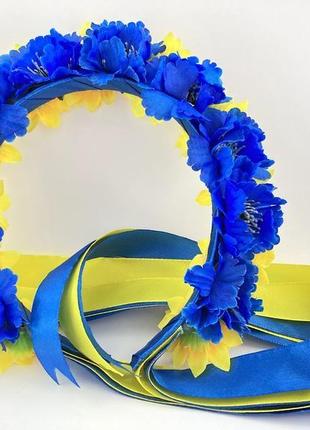 Український віночок з польовими квітами та стрічками жовто-блакитний3 фото