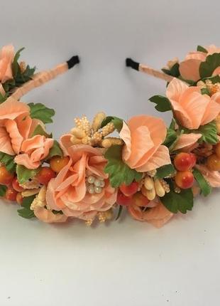 Віночок на голову з персиковими квітами5 фото