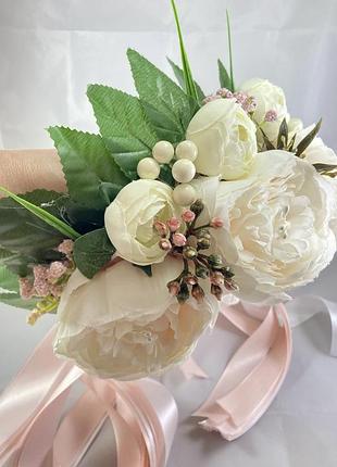 Віночок на голову з об'ємної рожево-молочної півонії