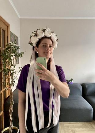 Віночок на голову з об'ємної рожево-молочної півонії