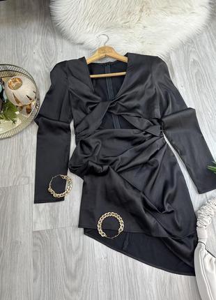 Платье черное, платье с узлом, открытая талия, сатин, размер xs4 фото