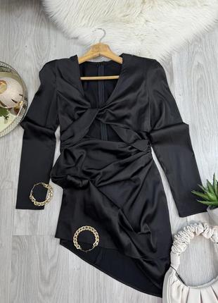 Платье черное, платье с узлом, открытая талия, сатин, размер xs2 фото