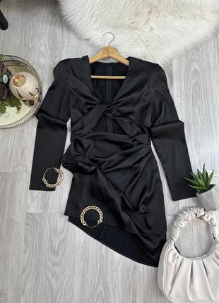 Платье черное, платье с узлом, открытая талия, сатин, размер xs6 фото