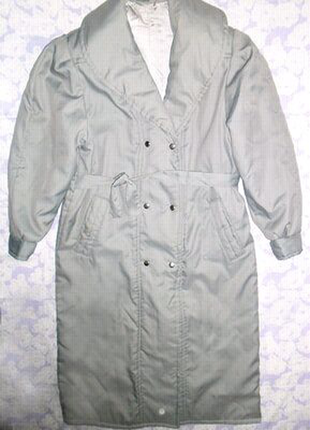 Серый, длинный плащ, пальто на кнопках с поясом2 фото