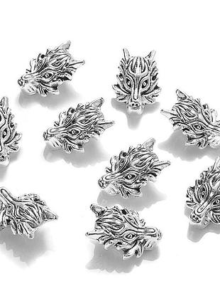 Бусинка в форме волка из цинкового сплава 10х15мм, отверстие 4мм, серебряные