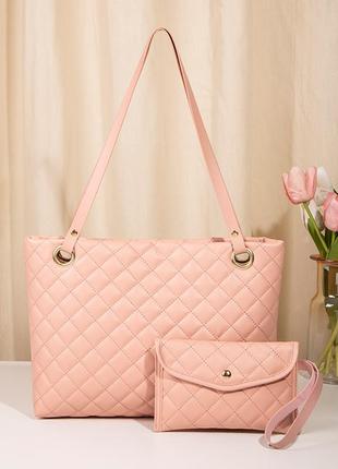 Жіноча сумка шоппер містка та гаманець, велика сумка шопер рожева