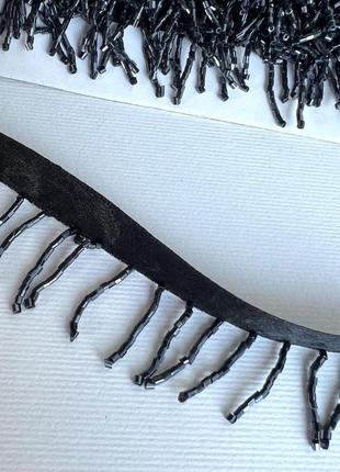 Лента атласная черная бахрома с бисера серая 40мм атлас