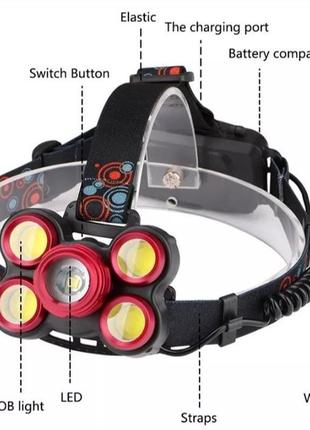 Налобний потужний ліхтарик, заряджається від авто та 220в