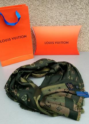 Louis vuitton шарф палантин зелений жіночий з золотим люрексом кашемір / шовк