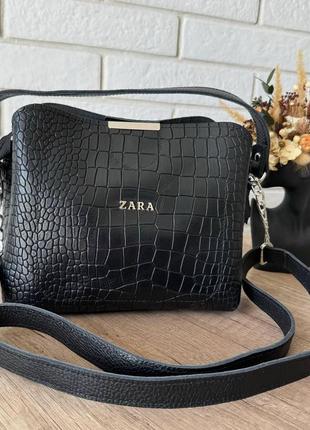 Жіноча шкіряна сумка рептилія стиль зара чорна, сумочка з натуральної шкіри крокодил чорний