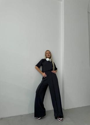 Спортивный костюм женский весенний легкий на весну базовый демисезонный бежевый черный брюки брючины палаццо футболка короткая топ качественный
