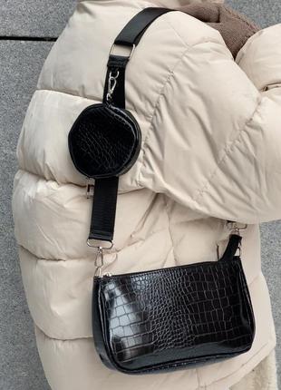Жіноча сумка багет з гаманцем рептилія t-132 чорна8 фото