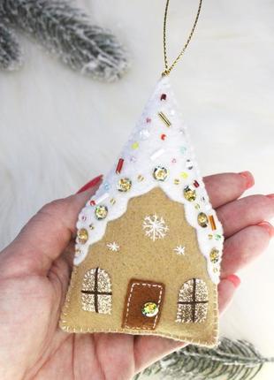 Игрушка на елку "пряничный домик", фетровая ёлочная игрушка рождественский домик2 фото
