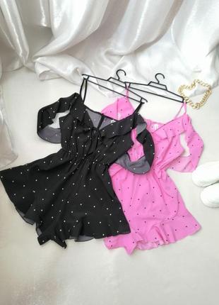 Літній легкий ромпер комбінезон у горох з відкритими плечима воланами