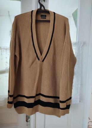 🔥100% коттон! коричневый пуловер zara men с длинным рукавом и v-образным вырезом, размер среднего темного цвета5 фото