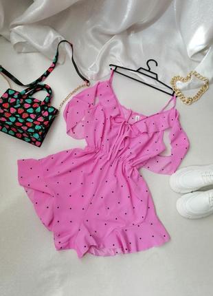 Літній легкий ромпер комбінезон у горох з відкритими плечима воланами