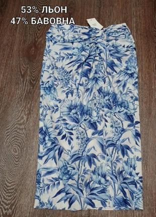 Новая лен+хлопок стильная миди юбка с разрезом в цветочный принт р.42 от h &amp;m1 фото