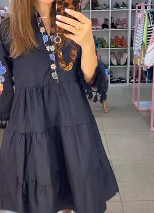 Женское черное вышитое платье, вышиванка с цветами2 фото