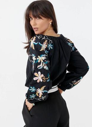 Женская черная вышитая рубашка, блуза, блузка вышиванка с цветами