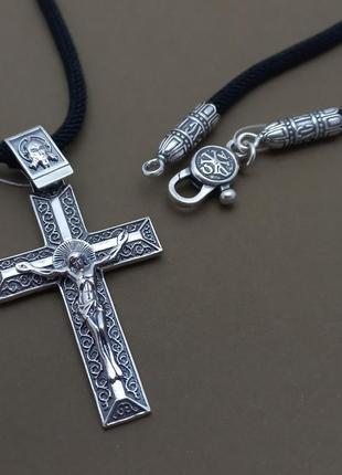 Срібний хрестик і шовковий шнурок зі вставками срібло 925 к...