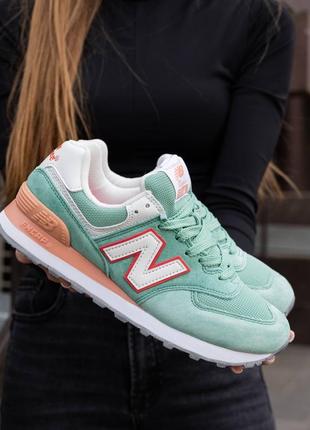 Женские кроссовки зеленые с оранжевый new balance 574 green orange white