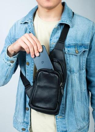 Сумка из-за плеча мужская, сумка-слинг из натуральной кожи sl015 (черная)4 фото