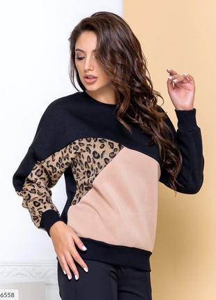 Батник турецький трикотаж трехнитка, вставка еко-хутро леопард