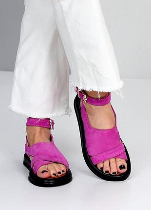 Дизайнерські яскраві замшеві рожеві босоніжки - натуральна замша 20991