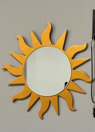 Сонце дзеркало з хвилястими променями темно-коричневий горіх, декоративне дзеркало у формі сонця7 фото