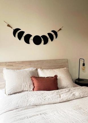 Декор над кроватью фазы луны, гирлянда с кисточками лунный цикл, луна из дерева декор в стиле бохо