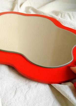 Хвилясте інтер'єрне дзеркало червоне, декоративне дзеркало трендове, овальне невелике дзеркало3 фото