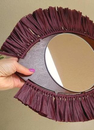 Декоративное зеркало всевидящее око с рафией, настенное зеркало в форме глаза, бохо декор6 фото