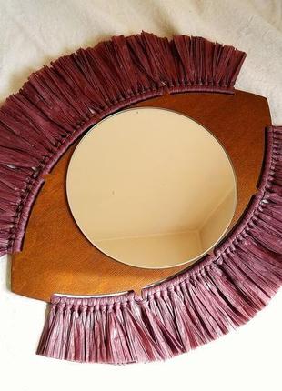 Декоративное зеркало всевидящее око с рафией, настенное зеркало в форме глаза, бохо декор4 фото