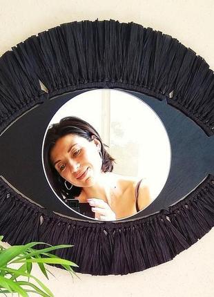 Декоративное зеркало всевидящее око с рафией, настенное зеркало в форме глаза, бохо декор8 фото