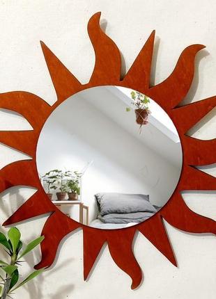 Деревянное зеркало солнце цвет махагон, декоративное зеркало в форме солнца, стильное зеркало солнце1 фото