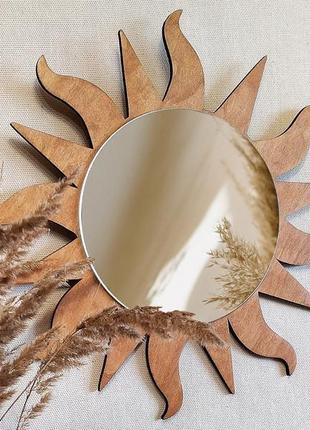 Деревянное зеркало солнце цвет махагон, декоративное зеркало в форме солнца, стильное зеркало солнце9 фото