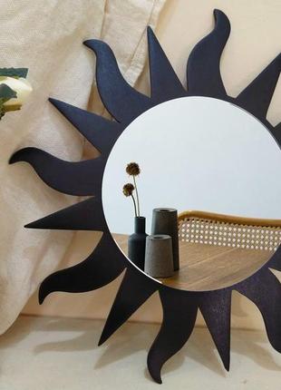 Деревянное зеркало солнце цвет коричневый, декоративное зеркало в форме солнца, стильное зеркало3 фото