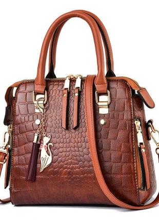 Женская сумка через плечо с брелком, сумочка под рептилию змеиная эко кожа коричневый